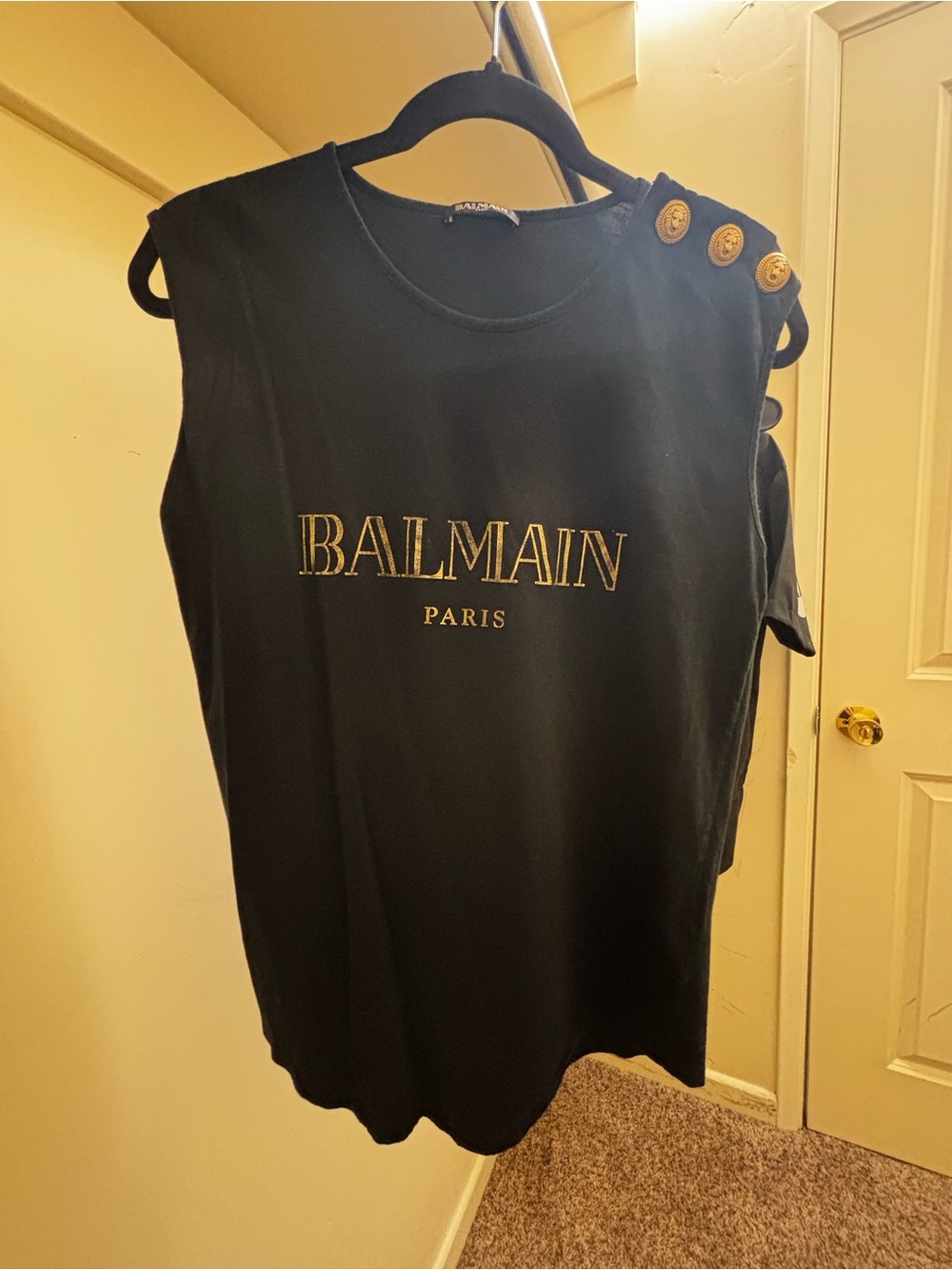 Balmain Black Sleeveless Logo Tank with Gold Button Detail